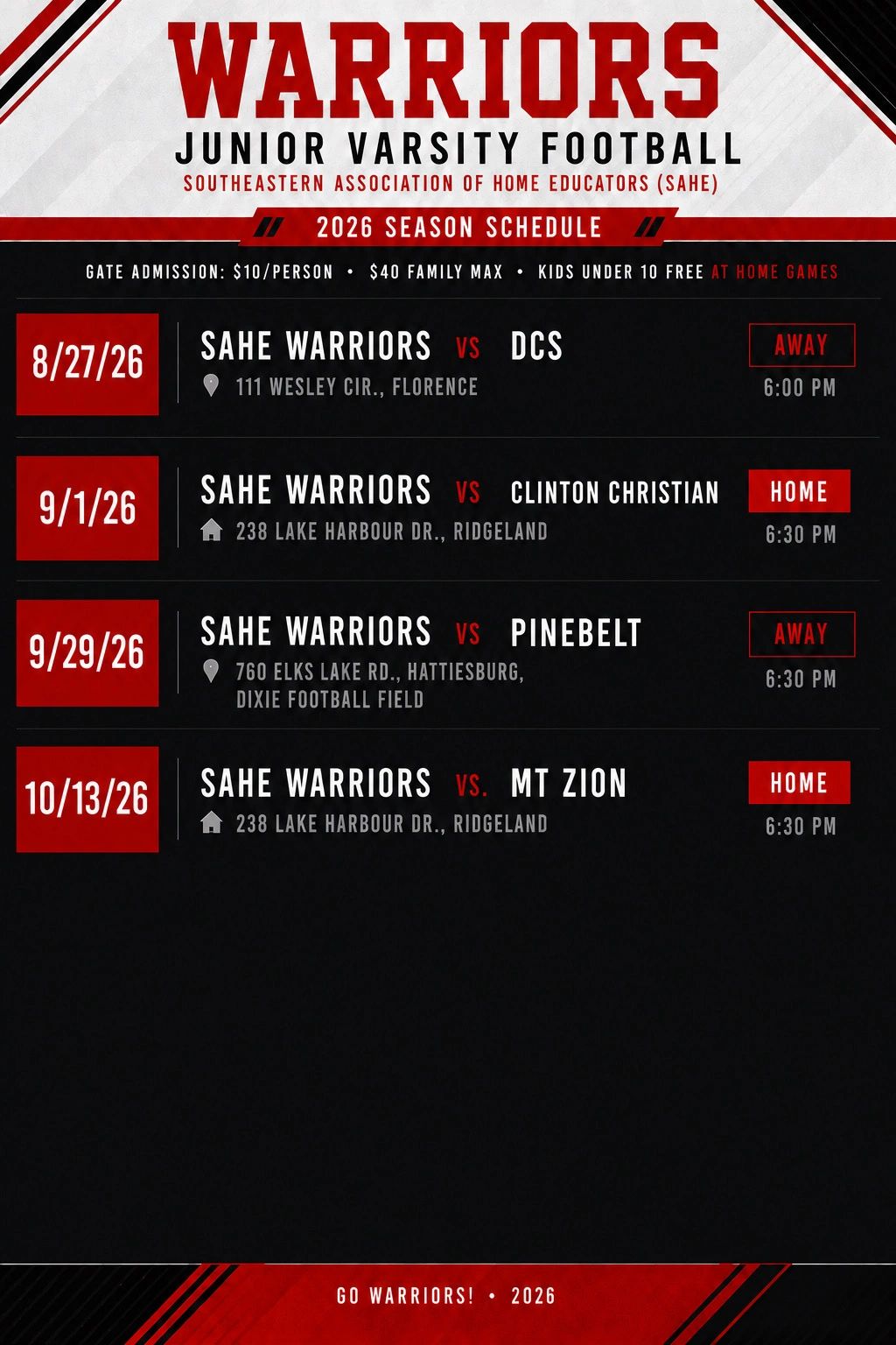 2026 SAHE Warriors Junior Varsity football schedule with dates, opponents, locations, and times.
