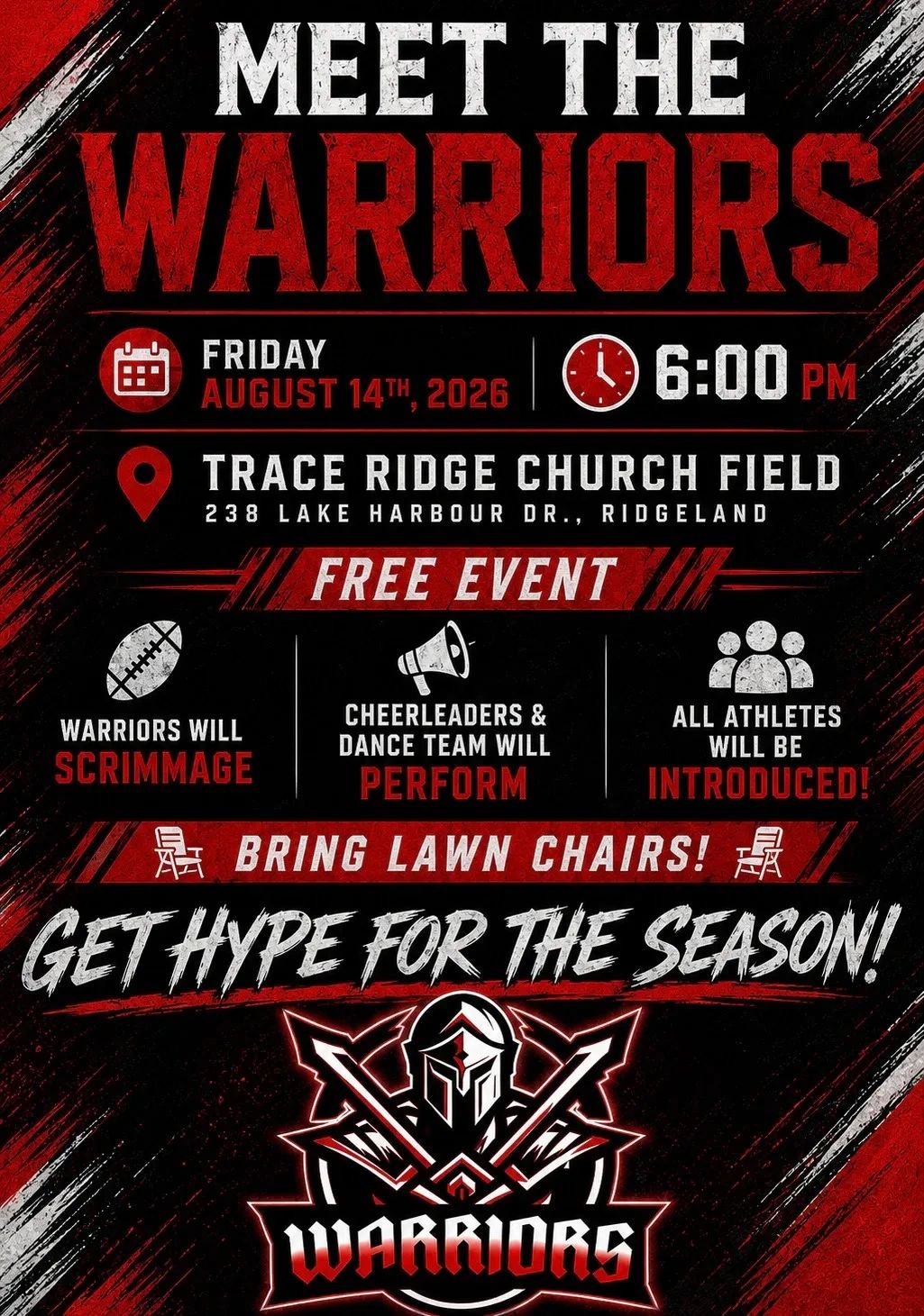 Meet the Warriors event on August 14, 2026, at Trace Ridge Church Field.