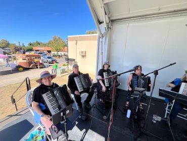 Group of accordion players performing outdoors on stage.