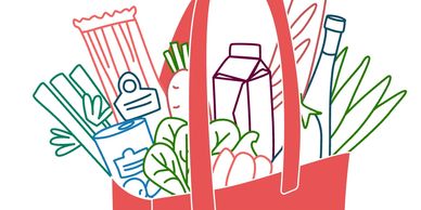 Illustration of a grocery bag filled with various food items.