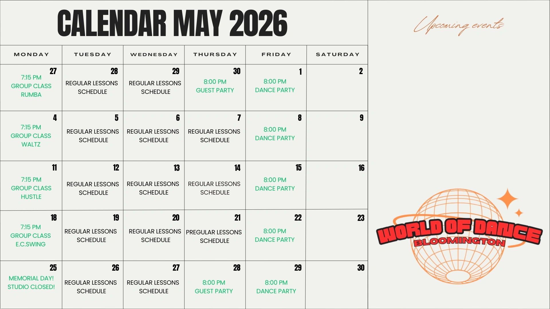 May 2026 dance calendar with classes and parties at World of Dance Bloomington.