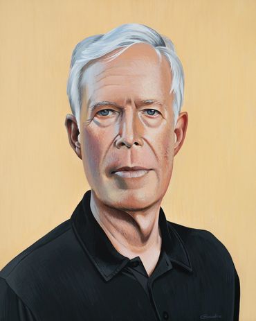 A detailed portrait of an older man with white hair and a black shirt.