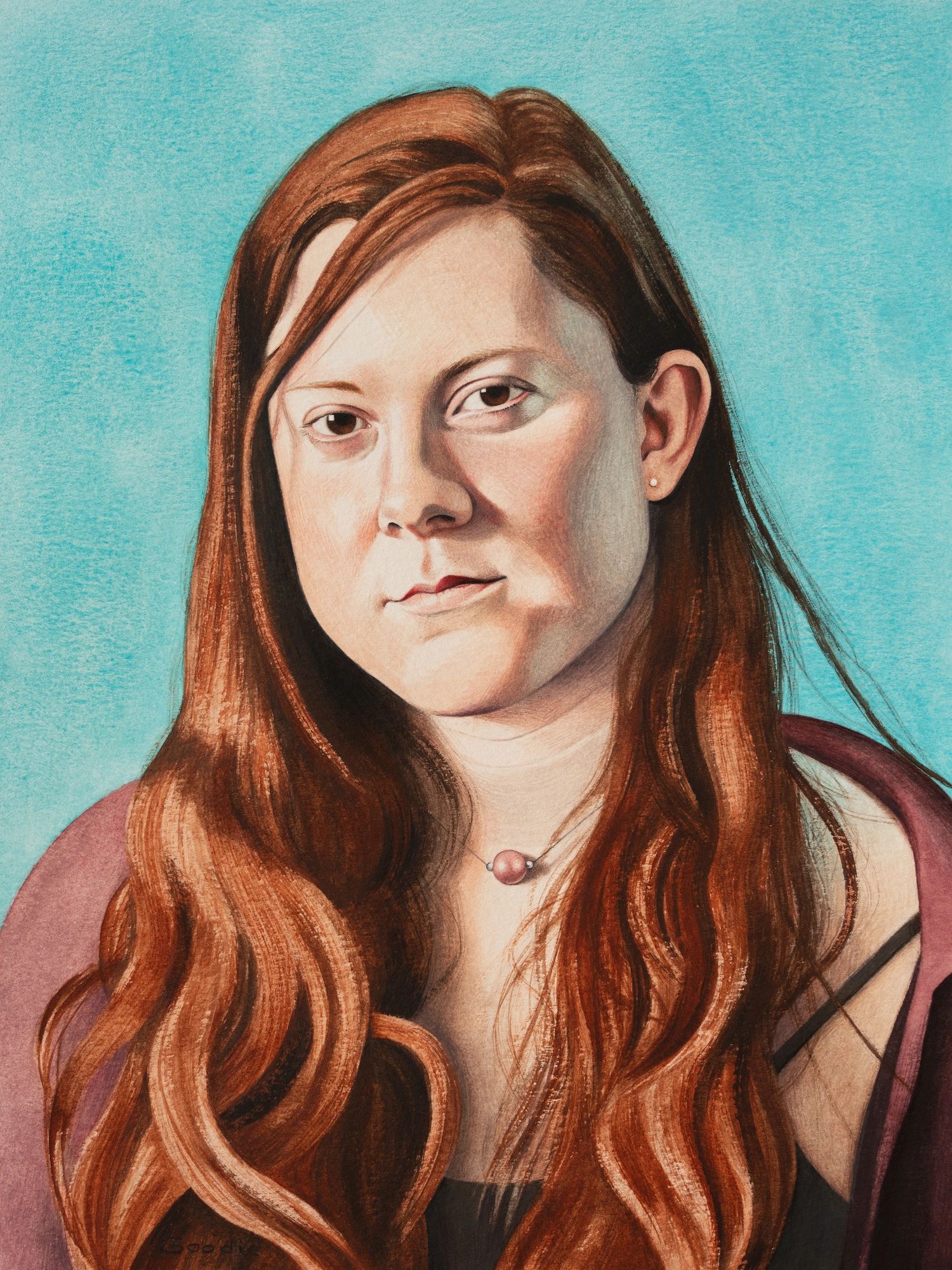 Realistic portrait of a woman with long red hair and a blue background.