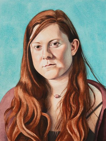 Realistic portrait of a woman with long red hair and a blue background.