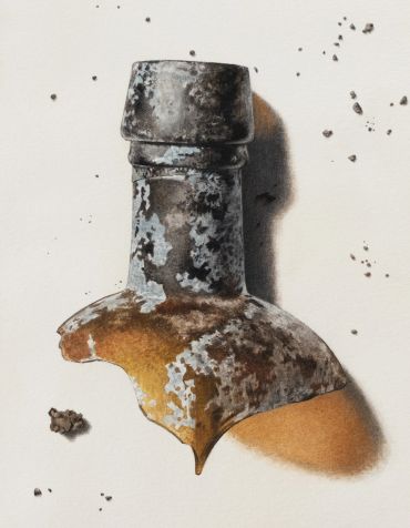 Close-up of a rusty bottle neck with peeling paint.