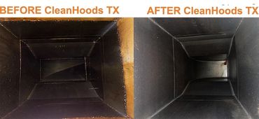 Commercial kitchen exhaust system duct before and after CleanHoods Tx cleaned the system - Texas