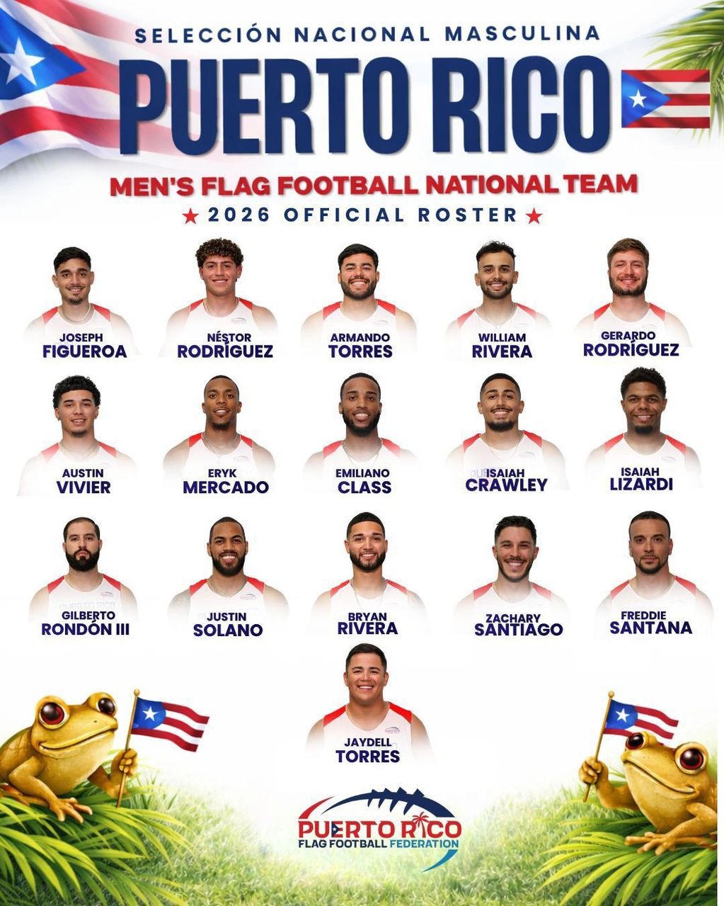 Official 2026 roster of Puerto Rico's men's flag football national team with players' portraits and names.
