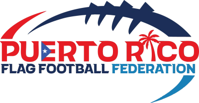 Logo of Puerto Rico Flag Football Federation with red, blue, and white colors.