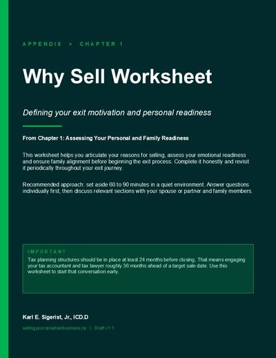 Worksheet for personal readiness and motivation to sell a business.