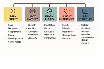 Five pillars of well-being: Daily Energy, Body Mastery, Mental Clarity, Healthy Relationships, Life Structure.