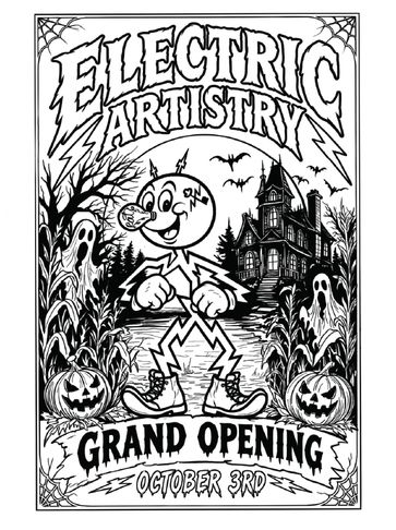 Halloween-themed grand opening poster for Electric Artistry.