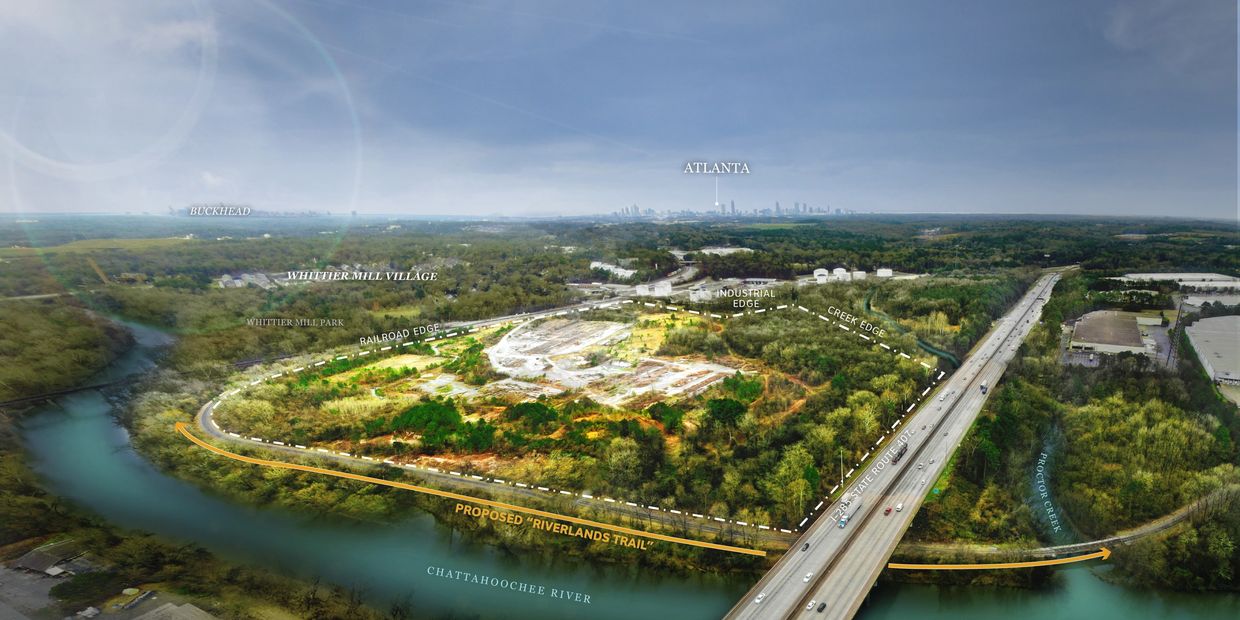 Aerial view of a proposed Riverlands Trail along Chattahoochee River near Atlanta.