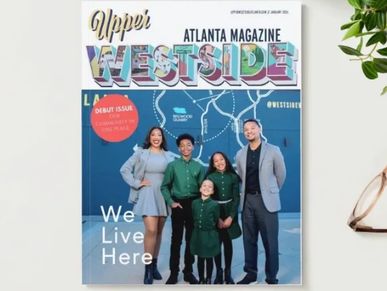 Cover of Upper Westside Atlanta Magazine featuring a smiling family of five.