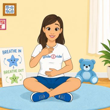 A woman practices deep breathing exercises indoors.