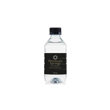Small clear water bottle with black label and cap.
