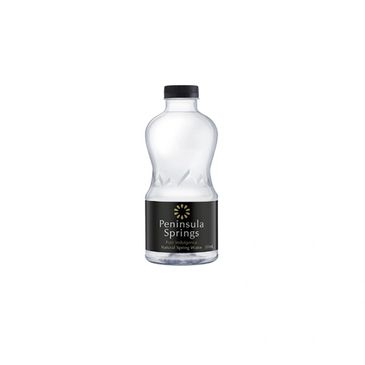Clear plastic bottle of Peninsula Springs natural spring water with black label.