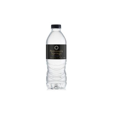 Clear plastic bottle of Peninsula Springs natural mineral water with black label.