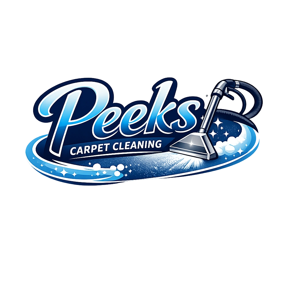 Logo for Peeks Carpet Cleaning featuring a cleaning tool and sparkling effects.