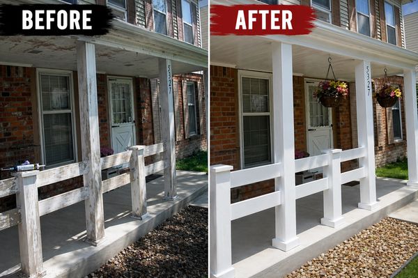 Before and after porch renovation with fresh white paint and hanging flowers.
