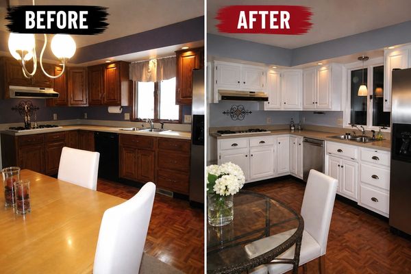 Kitchen transformation with white cabinets and glass dining table replacing dark wood and traditional table.