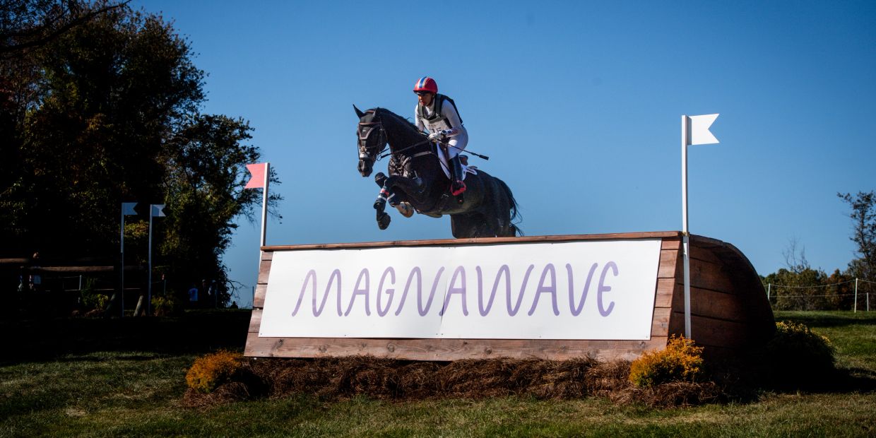 Horse and rider jumping over a MAGNAWAVE obstacle in an equestrian event.