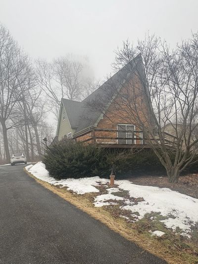 A-frame house surrounded by bare trees and patches of snow on a foggy day.