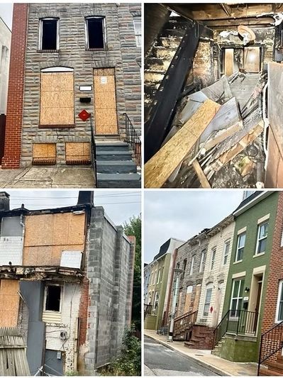 Four images showing a severely damaged and boarded-up building.