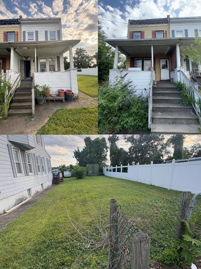 Before and after photos of a house's front porch and backyard showing cleanup and landscaping improvements.