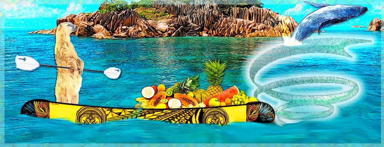 Surreal scene with a meerkat paddling a fruit-filled canoe and a whale jumping through a water vortex.
