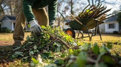 Person wearing gloves gathers tree branches and leaves outdoors. Clean up.