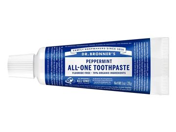Dr. Bronner's Peppermint All-One Toothpaste tube with organic ingredients.