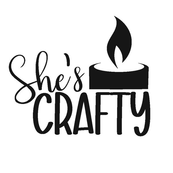 Single color black logo for She's Crafty with candle silouette.