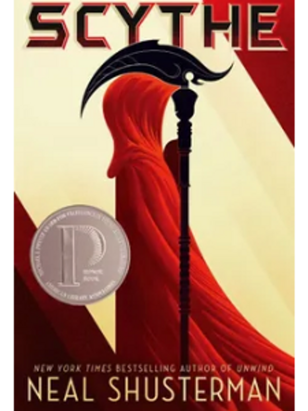 Book cover of 'Scythe' by Neal Shusterman with a red-robed figure holding a scythe.