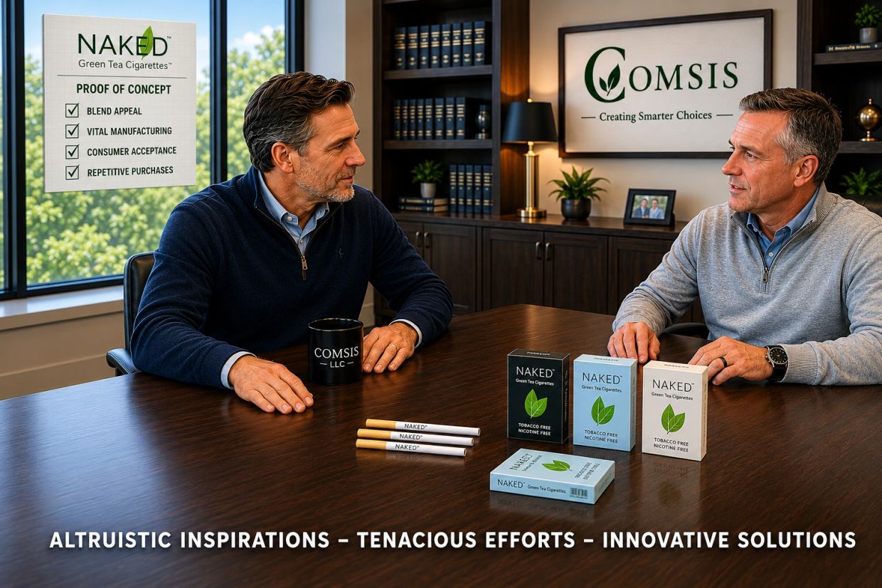 Two men discussing Naked green tea cigarettes in an office setting.