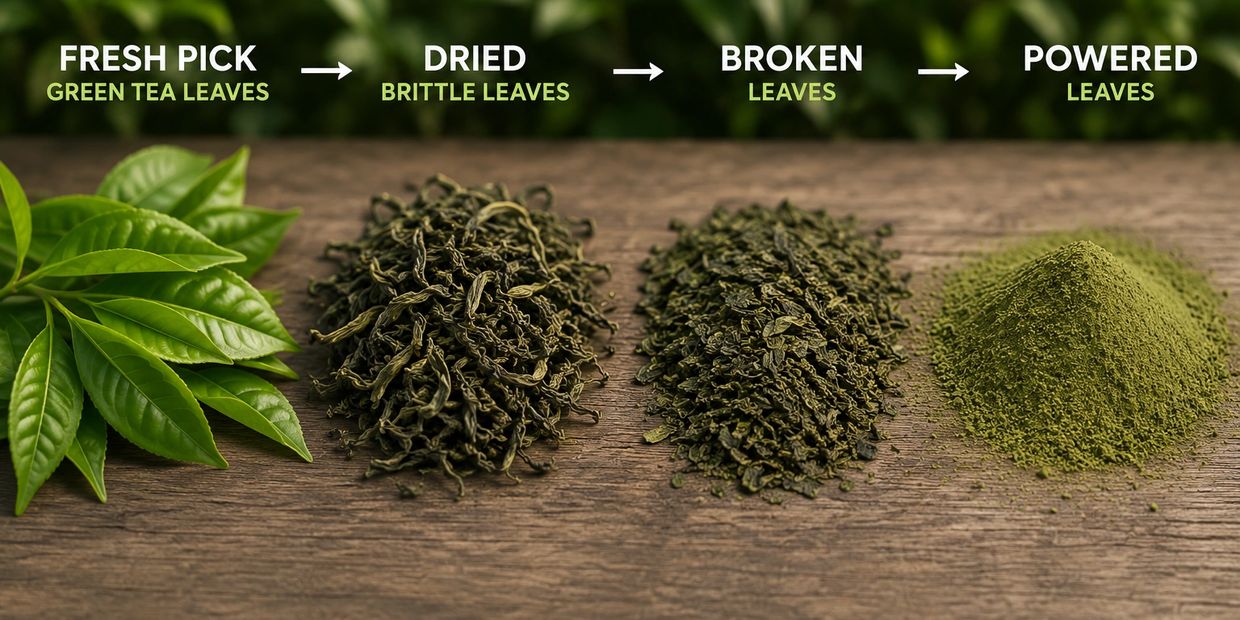 Stages of green tea processing from fresh leaves to powdered form.