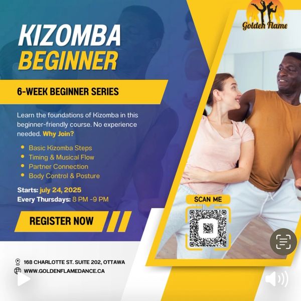 Kizomba beginner class poster for Golden Flame Dance, Ottawa.