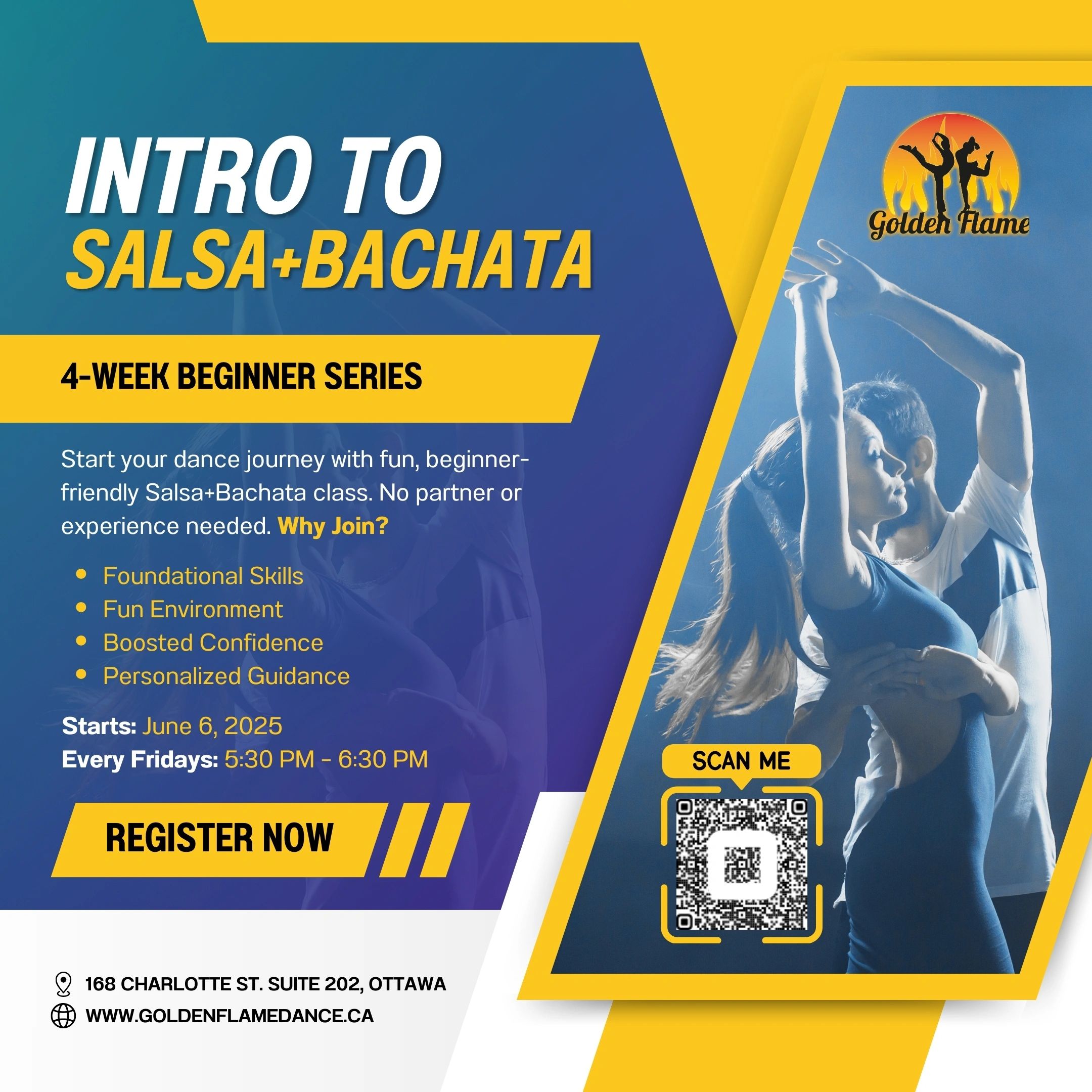 Salsa and Bachata beginner dance class poster for Golden Flame Dance, Ottawa — June 2025 series.