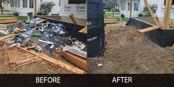Side-by-side before and after cleanup of a construction site near a house.