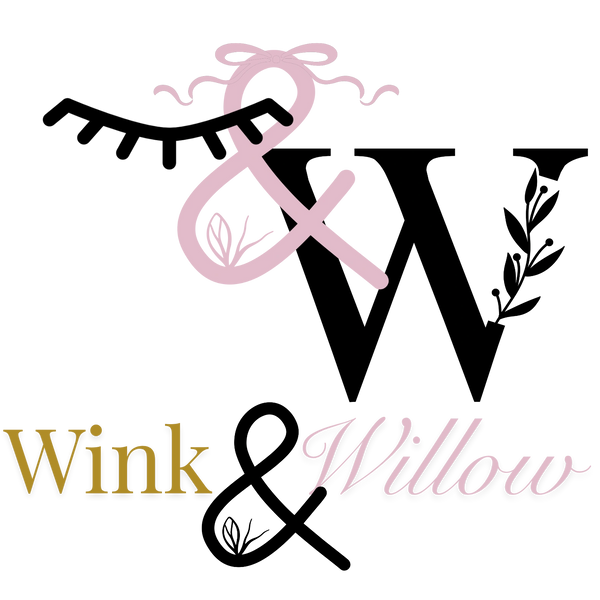 Elegant logo with 'Wink & Willow' featuring a pink ampersand and decorative elements.