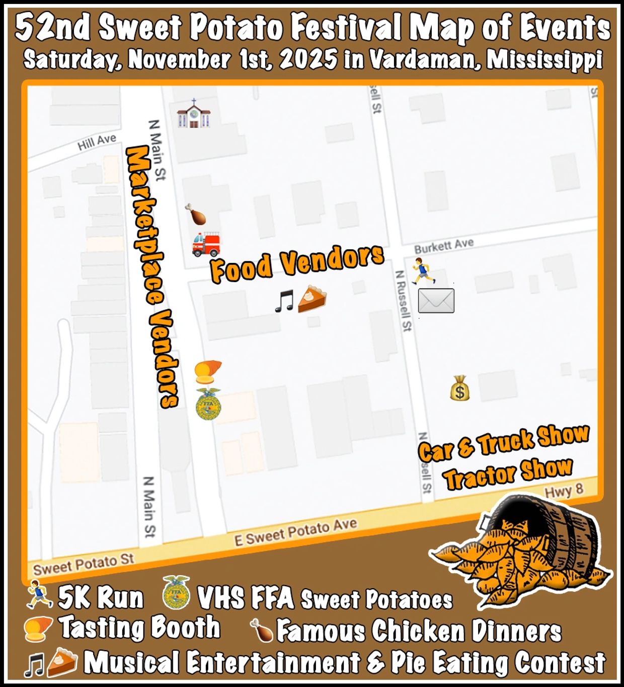 Map of events for the 52nd Sweet Potato Festival in Vardaman, Mississippi.