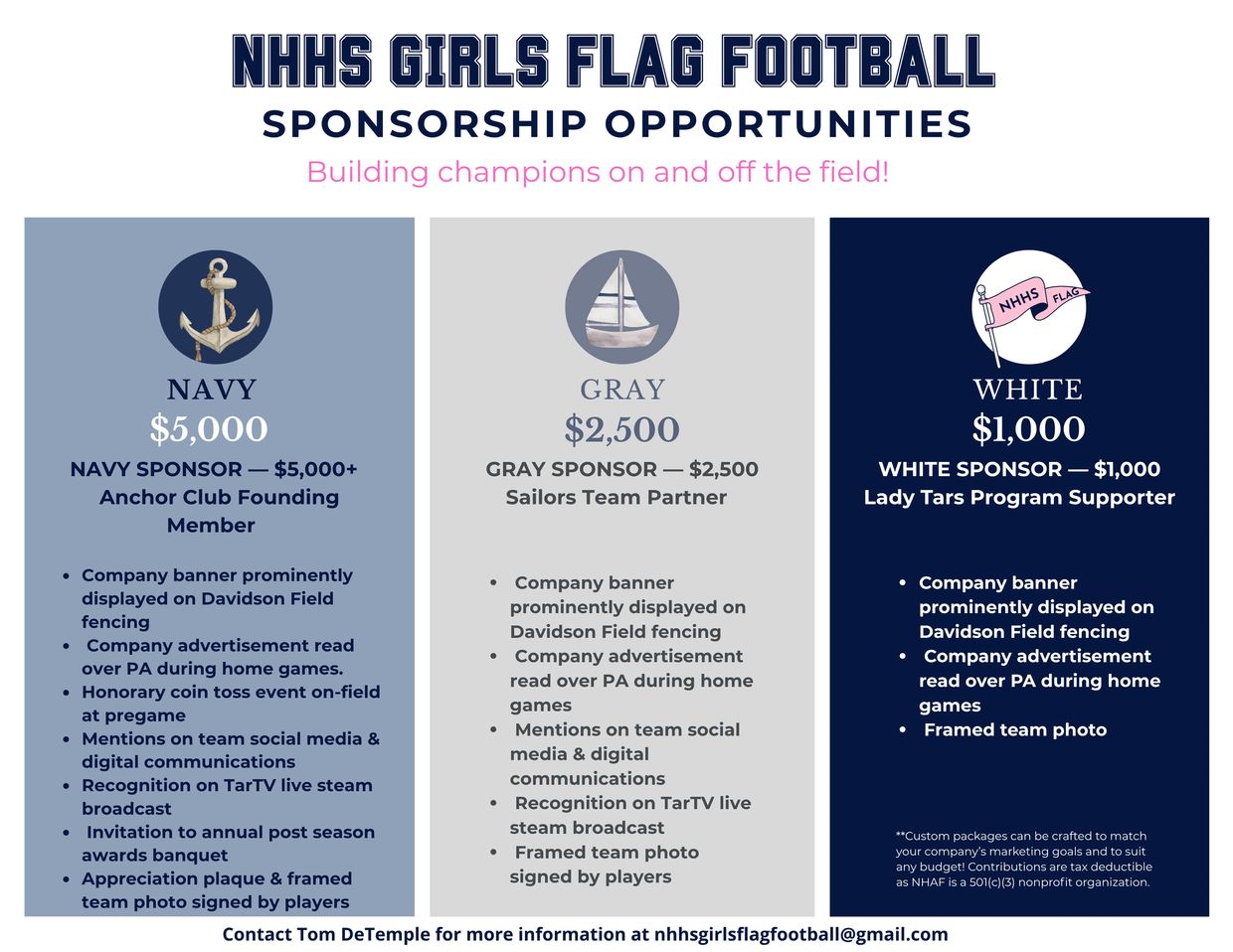 Sponsorship opportunities for NHHS Girls Flag Football with three tiers: Navy, Gray, and White.