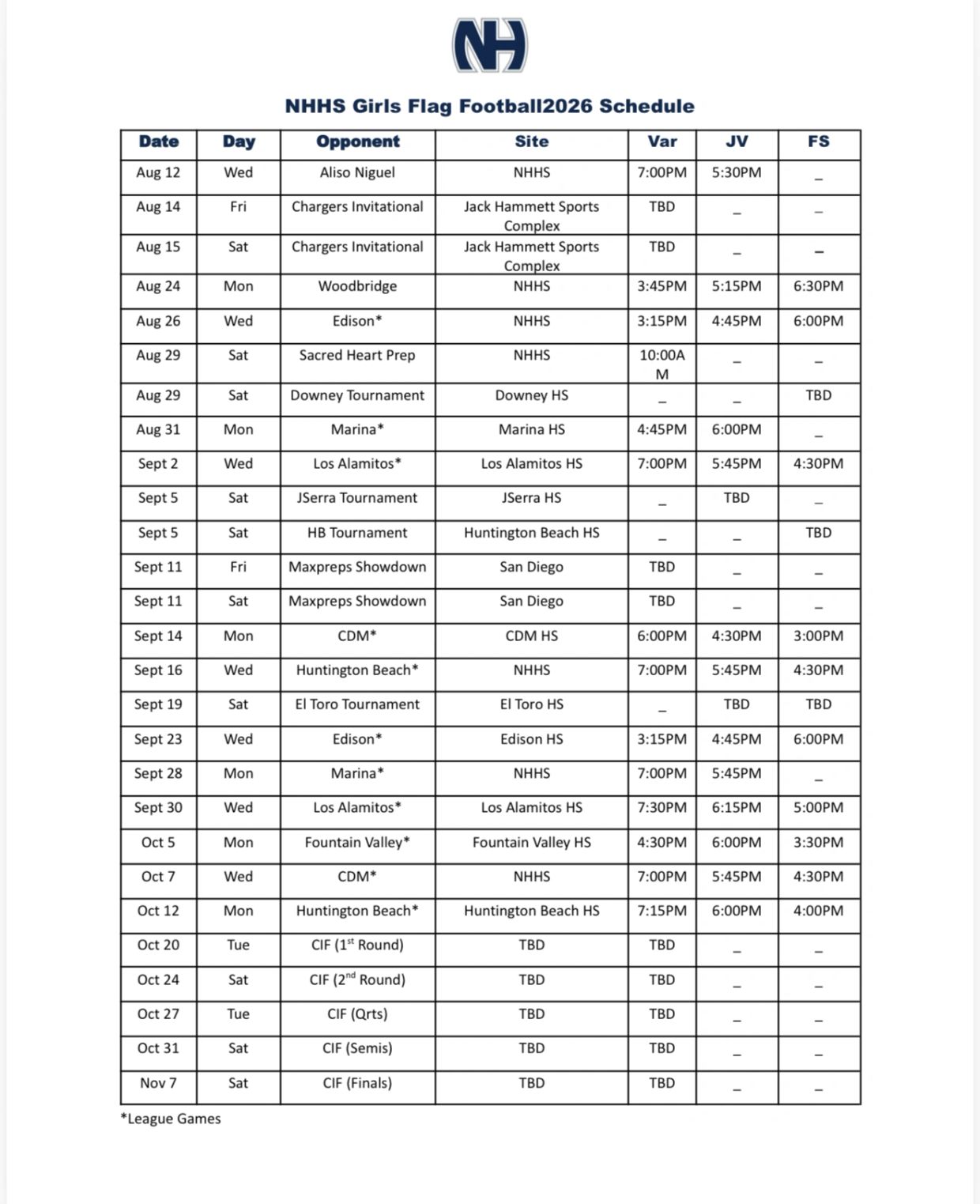 NHHS Girls Flag Football 2026 schedule with dates, opponents, sites, and game times.