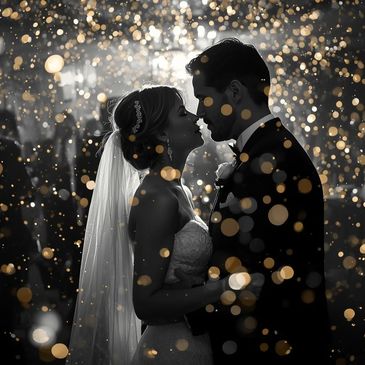 A bride and groom share an intimate moment surrounded by sparkling lights.
