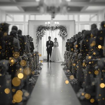 Bride and groom walking down the aisle at a wedding ceremony.