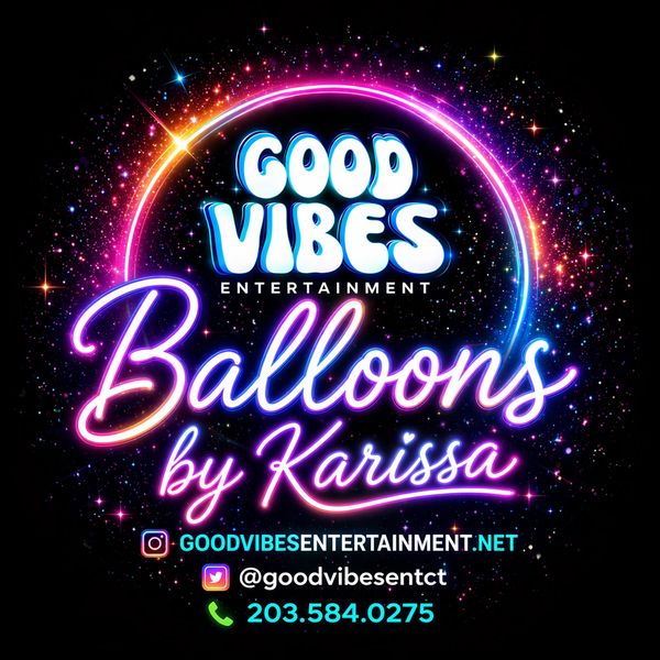 Neon-style logo for Good Vibes Entertainment Balloons by Karissa with contact info.