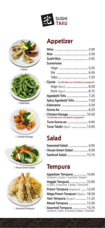 Sushi Taku menu featuring appetizers, salads, and tempura with images of popular dishes.