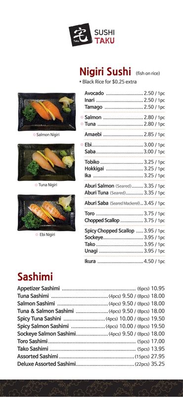 Menu featuring Nigiri Sushi and Sashimi with prices and images of salmon, tuna, and ebi nigiri.