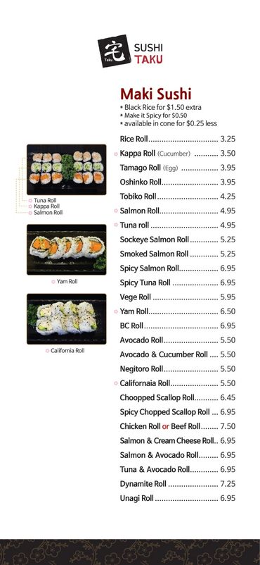 Sushi menu featuring various Maki Sushi rolls with prices and options.