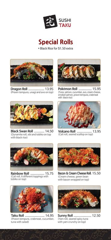 Menu showcasing special sushi rolls with various toppings and prices.