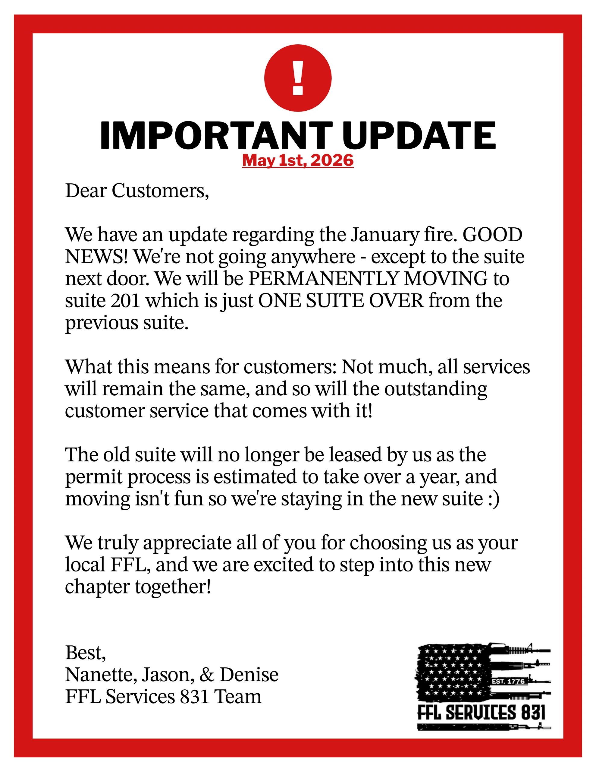 Announcement of permanent move to suite 201 after January fire.
